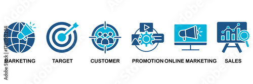 Advertising icon set In Blue Monochrome Flat Design, Vector Illustration concept relate to icon of marketing, target, customer, promotion, online marketing, and sales