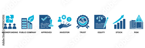 Ipo icon set In Blue Monochrome Flat Design, Vector Illustration concept relate to icon of initial public offering with icon of crowdfunding, public company, approved, investor, trust, equity, stock a