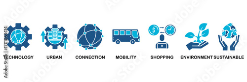 Smart city icon set In Blue Monochrome Flat Design, Vector Illustration concept relate to icon of technology, urban, connection, mobility, shopping, environment and sustainable