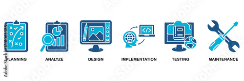 Software development icon set In Blue Monochrome Flat Design, Vector Illustration concept relate to icon of planning, analyze, design, implementation, testing, integration, and maintenance