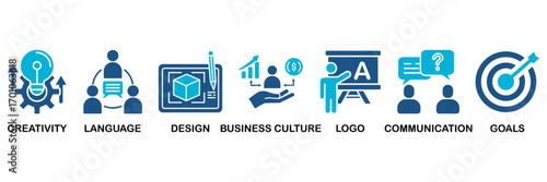 Corporate identiy icon set In Blue Monochrome Flat Design, Vector Illustration concept relate to icon of creativity, language, design, business culture, logo, communication and goals