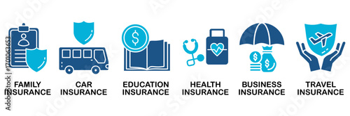 Insurance services icon set In Blue Monochrome Flat Design, Vector Illustration concept relate to icon of family, car, education, health, business, and travel insurance
