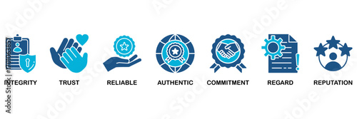 Credibility icon set In Blue Monochrome Flat Design, Vector Illustration concept relate to icon of integrity, trust, reliable, authentic, commitment, regard, and reputation