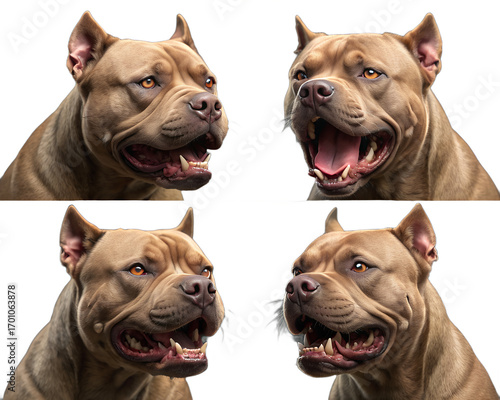 Angry Pitbull Faces PNG Set – Realistic Snarling Dog Expressions, Guard Dog Illustrations, Transparent Background