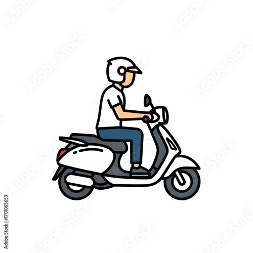 A simple line art illustration depicting a person safely riding a modern white scooter with a helmet, perfect for urban travel and quick commutes
