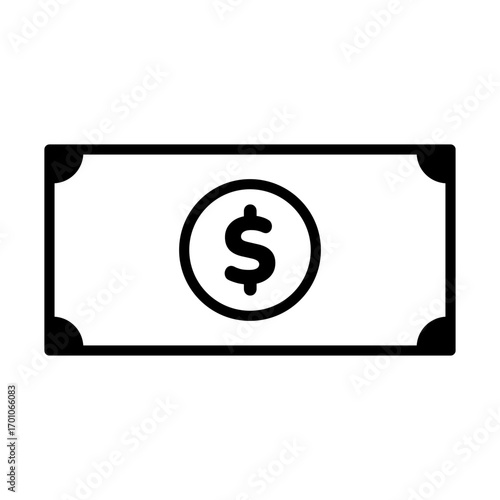 Simple black graphic illustration of a dollar bill with a dollar sign.