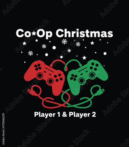 Co‑Op Christmas – Two‑Player Gamer T‑Shirt with Red & Green Controllers and Snowflakes