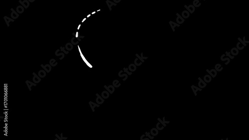 A hand-drawn animated dashed line on a black background. This simple, looping cartoon doodle is a perfect alpha channel element for showing a path, route, or direction.