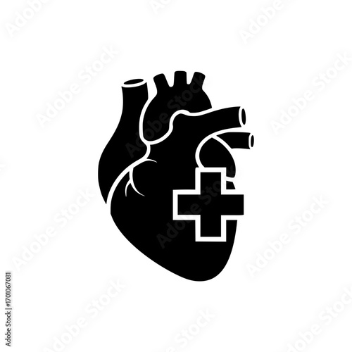 human heart with cross icon representing cardiology, medical health, and hospital care services