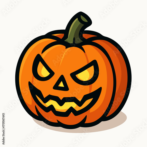 Halloween pumpkin jack o lantern cartoon illustration with glowing eyes and evil smile. 
