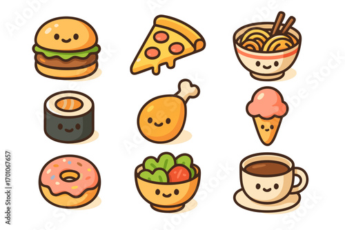 Collection of kawaii food icons including burger, pizza, noodles, sushi, donut, ice cream, salad, chicken and coffee. 
