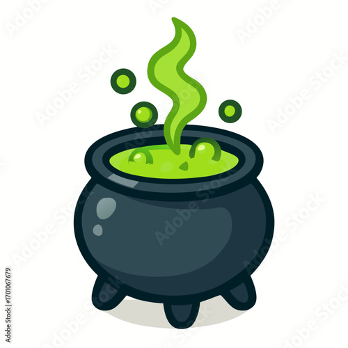 Cartoon witch cauldron with bubbling green potion illustration for Halloween spooky theme. 
