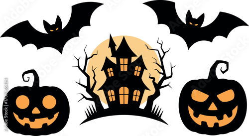 This set of Halloween-themed silhouettes includes a spooky haunted house against a full moon, two flying bats with glowing eyes, and two sinister jack-o'-lanterns, creating a classic and eerie atmosph