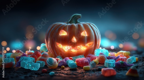 Pile of candies inside carved pumpkin, glowing effect, 3D illustration.