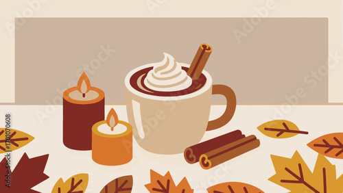 Flat Vector Autumn Coffee with Cinnamon and Candles