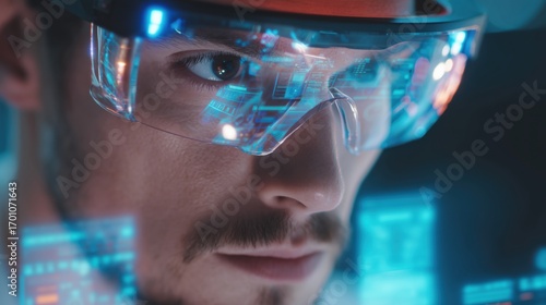 Close-up of person wearing augmented reality glasses with holographic digital interfaces