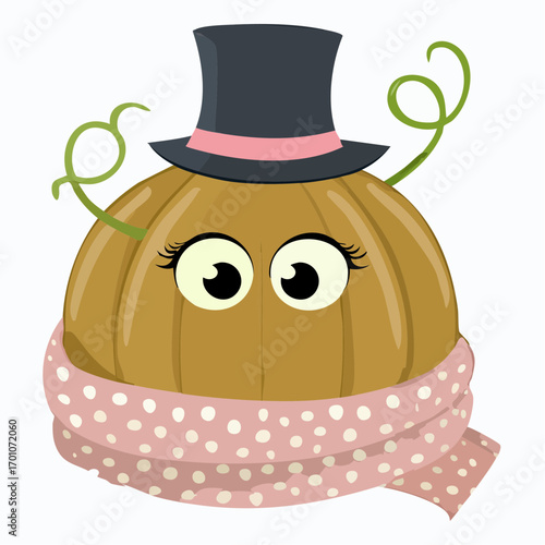 plump pumpkin with scarf vector illustration for autumn greeting cards