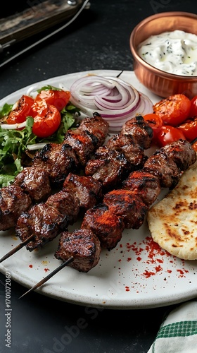 Grilled beef kebab skewers with tzatziki sauce, roasted tomatoes, onion, and pita bread