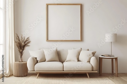 Modern living room interior with blank frame, couch, lamp, and pampas grass