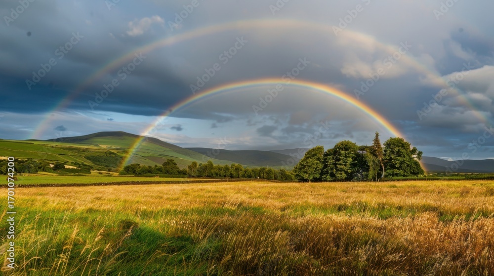 Obraz premium Vibrant Rainbow Over Green Meadow: Colorful Nature Illustration with Sun, Clouds & Blue Sky