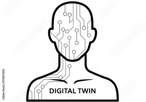 Minimal icon of a digital twin avatar, no  background, no shadow, black line style png 