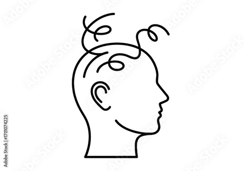 Minimal icon of a head with thought spirals, no background, no shadow, black line style PNG
