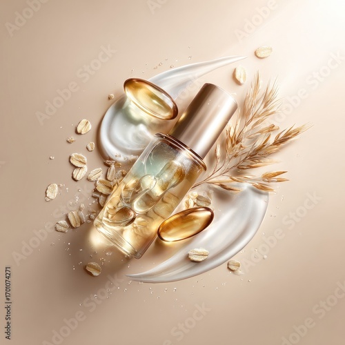 Golden oat-based beauty product, in a clear glass bottle, with oat flakes and capsules