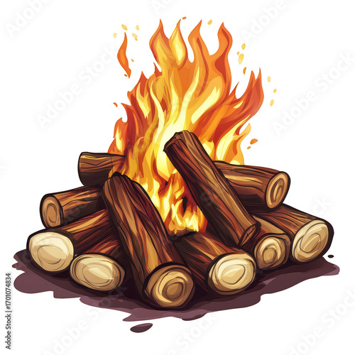 Pile of wood with a fire burning in the middle