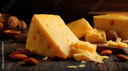 Wallpaper Mural Golden cheese wedges on rustic wooden table Torontodigital.ca