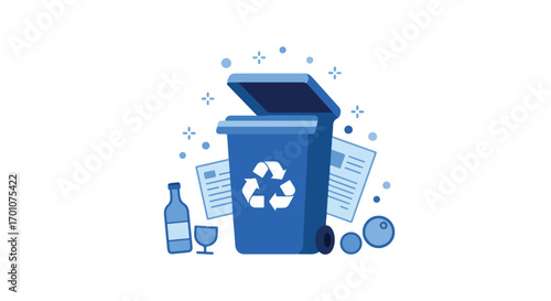Blue recycling bin for waste sorting and management.