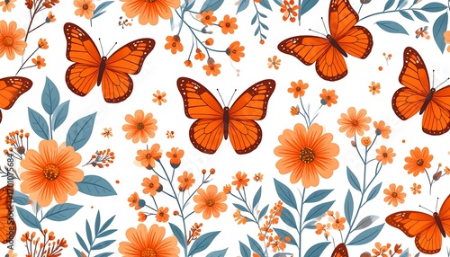 A delightful repeating pattern of orange butterflies and flowers against a white background, evoking a cheerful and springtime mood.