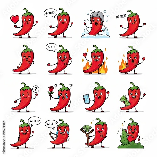 Collection of Red Chili Pepper Cartoon Character Emoticons with Varied Expressions and Activities, Isolated on White Background