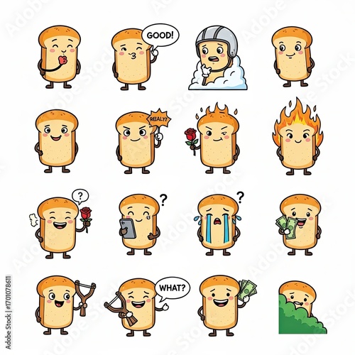 Set of Funny Bread Slice Character Illustrations with Various Emotions and Activities on White Background, Cartoon Style