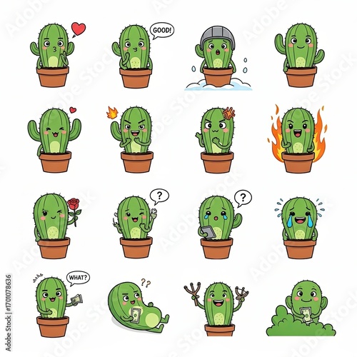Cute Cactus Character Set with Various Emotions in Flower Pots, Cartoon Style Vector Illustration for Graphic Design