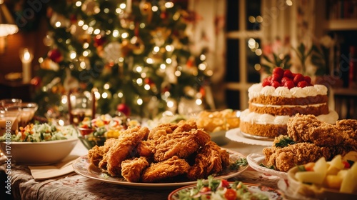 Christmas Dinner Table with Fried Chicken, Cake and Holiday Decorations