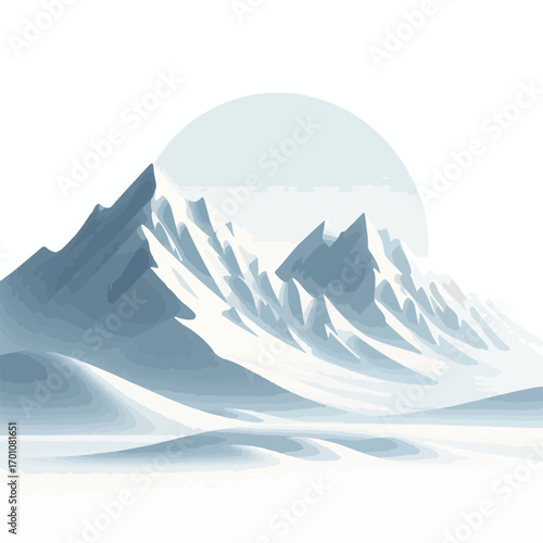 Alaskan snowy mountains with a simple and minimalist flat design using a white background