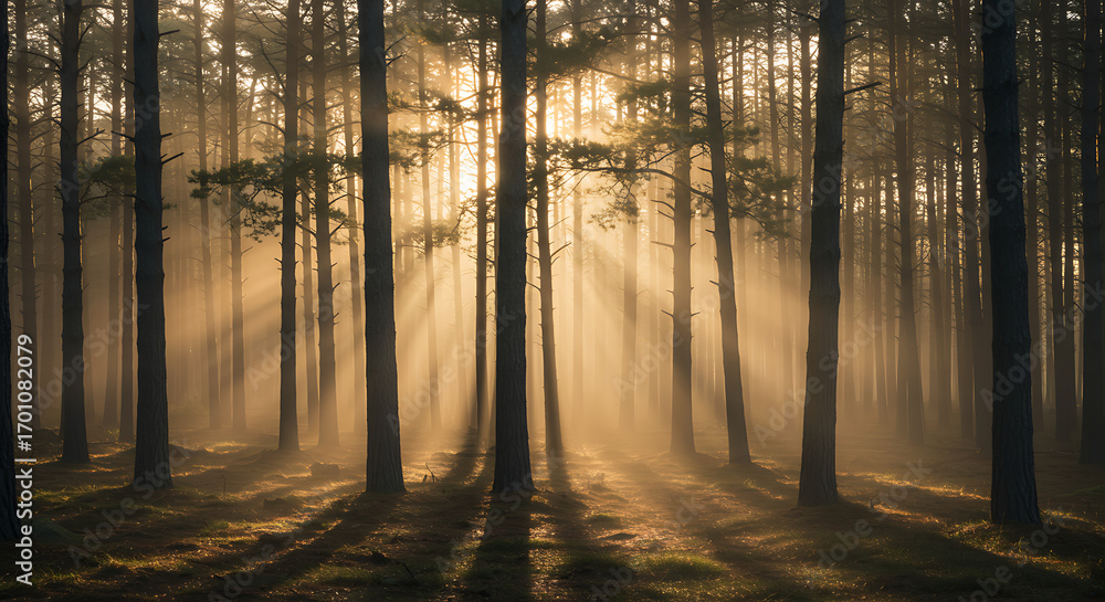 Obraz premium Foggy Pine Forest in the Morning