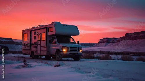 An RV parked in a snowy landscape during sunset. The RV is illuminated by the setting sun, casting a warm orange and pink hue over the scene.