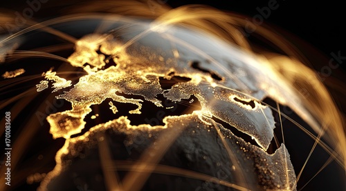 Global network centered on Europe.  Golden light streaks connect continents.  Detailed map, glowing with luminous dots