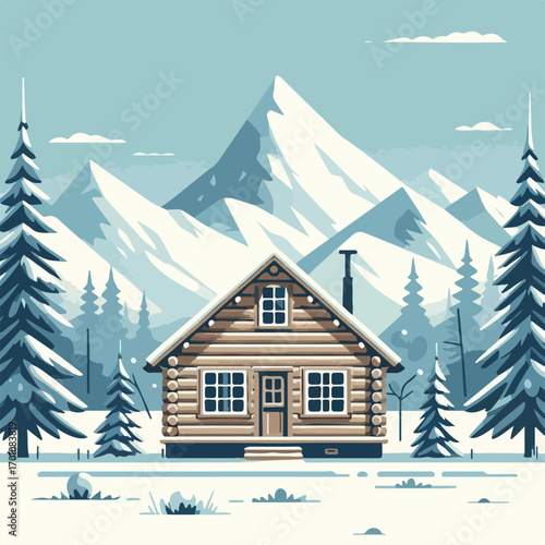 Alaskan log cabin with a simple and minimalist flat design using a white background