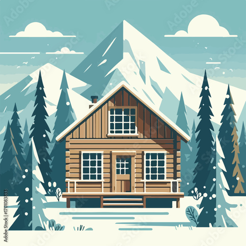 Alaskan log cabin with a simple and minimalist flat design using a white background