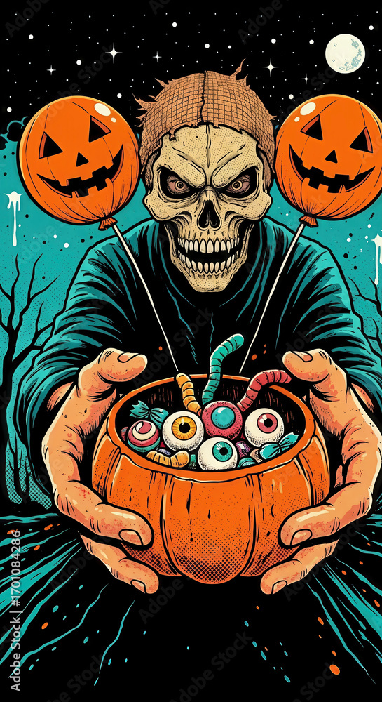 Fototapeta premium A skeleton holding a pumpkin bucket full of candies and two pumpkin balloons in a spooky night scene. A fun illustration full of Halloween spirit. Trick or treat, spooky season, creepy.