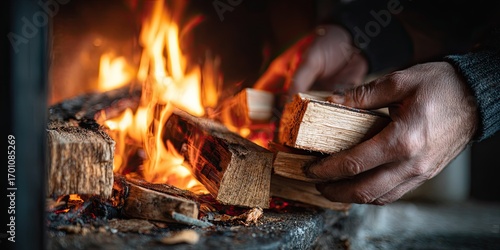 Hands adding firewood to a crackling fireplace
