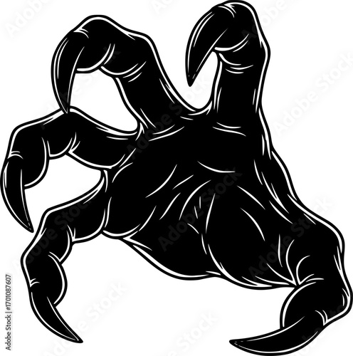silhouette vector of Creepy Monster Hand with Sharp Claws - Black and White Engraving
 isolated on white background svg png