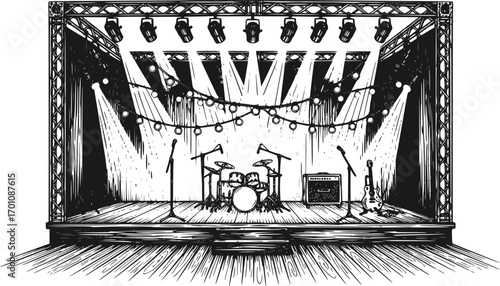silhouette vector of Detailed Woodcut Illustration of a Party Stage with Lights isolated on white background svg png