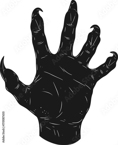 silhouette vector of Creepy Monster Hand with Sharp Claws - Black and White Engraving
 isolated on white background svg png