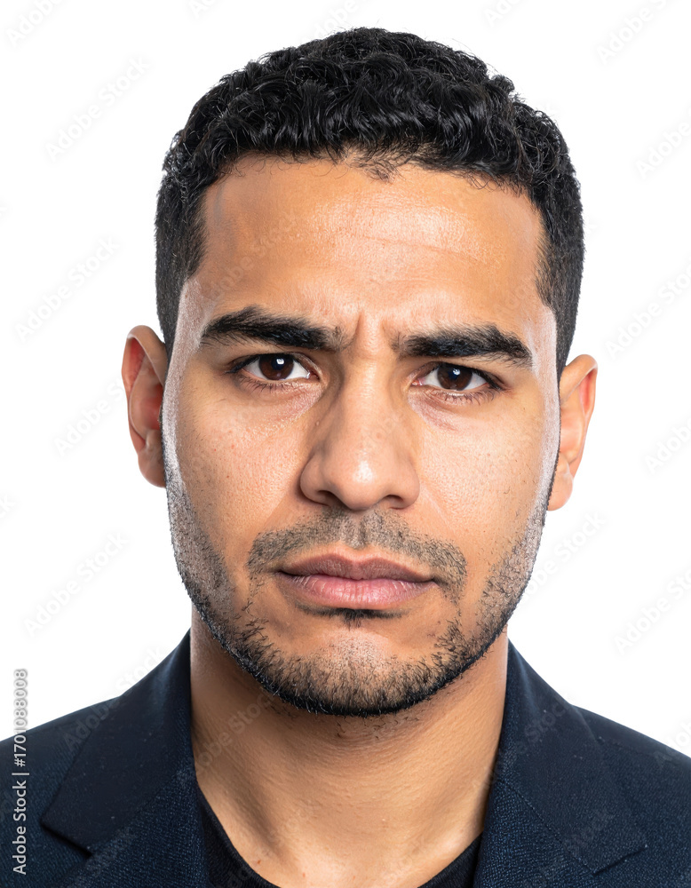 Obraz premium Serious Man Portrait with Dark Curly Hair and Light Beard.