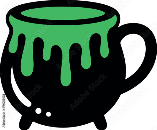 This image shows a black cartoon cauldron with thick, green slime or liquid oozing over its rim and dripping down the sides.