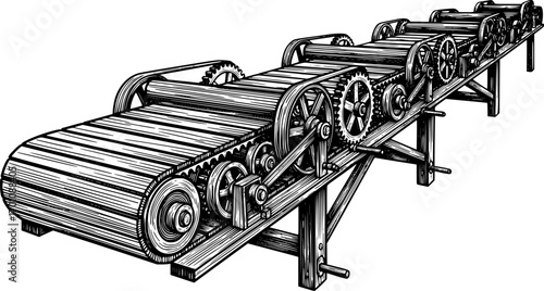 silhouette vector of  Intricate woodcut style illustration showcasing a conveyor belt
on white background svg png