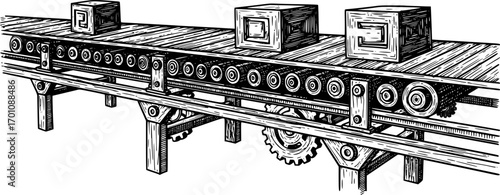silhouette vector of  Intricate woodcut style illustration showcasing a conveyor belt
on white background svg png